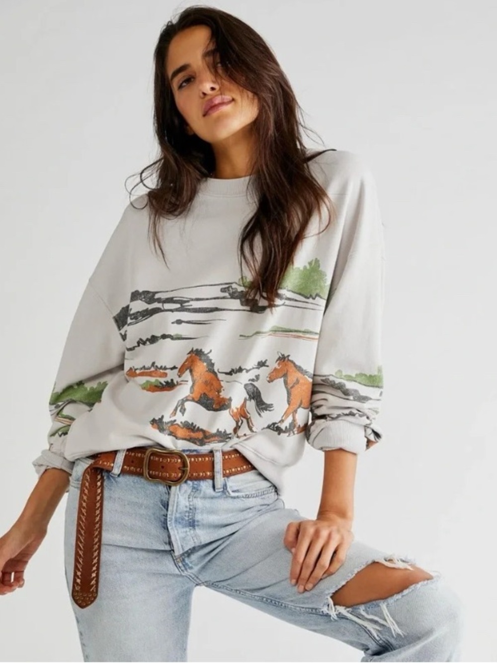 Daydreamer Gray Horse Graphic Sweatshirt with Orange & Green Accents